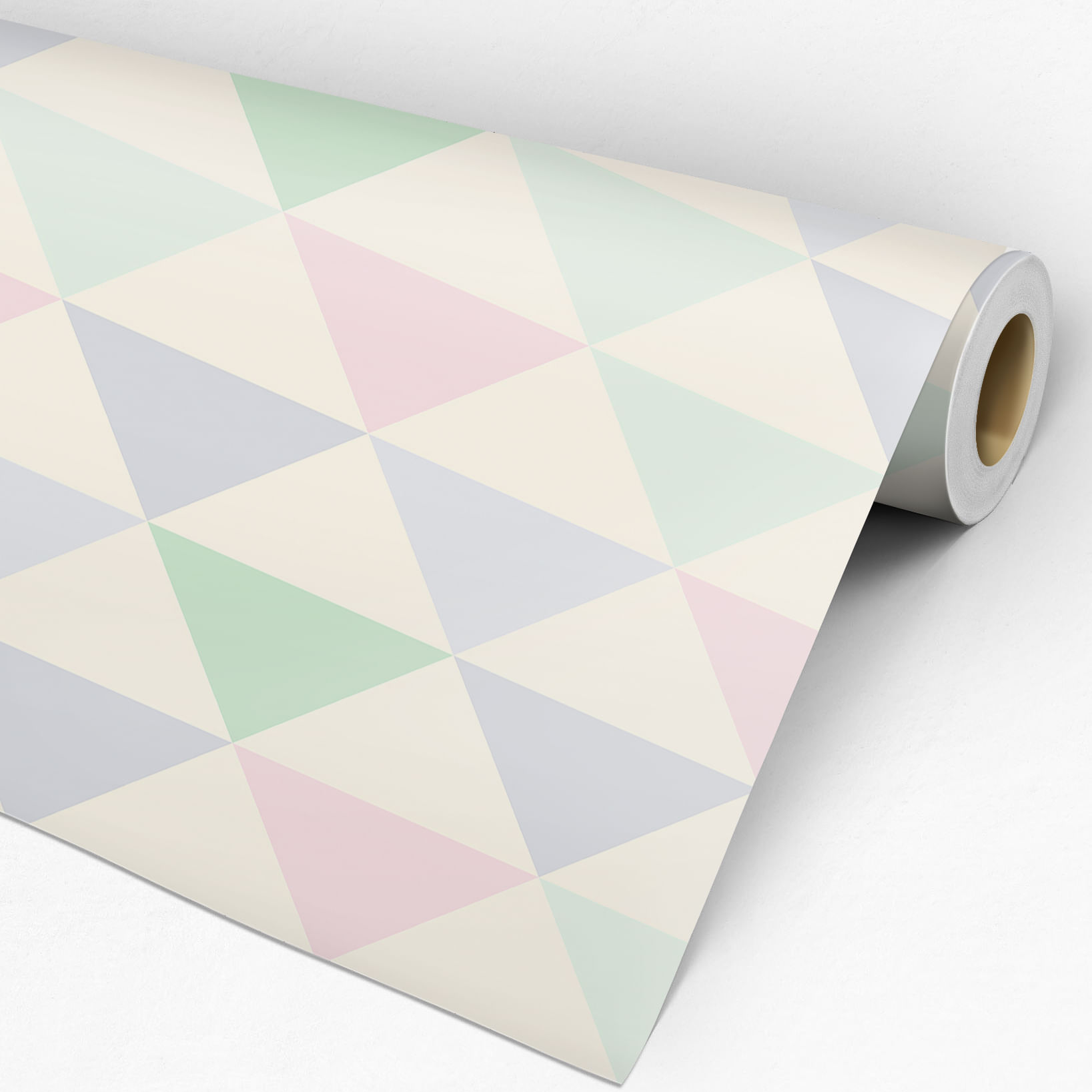 Papel de Parede Adesivo Geométrico Triângulos Cinza, Rosa e Verde