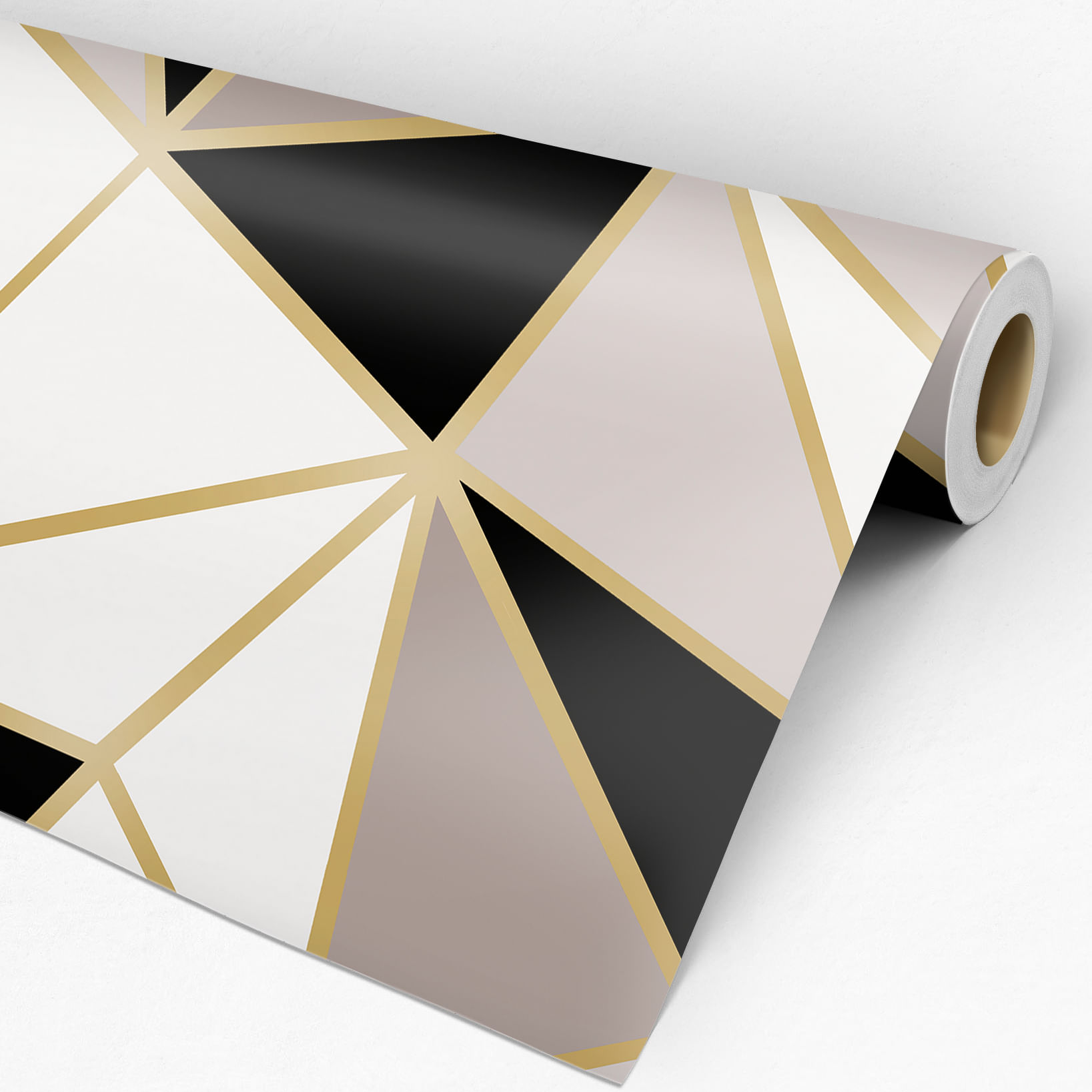 Papel de Parede Adesivo Geométrico Triângulos Zara Preto, Branco e Dourado