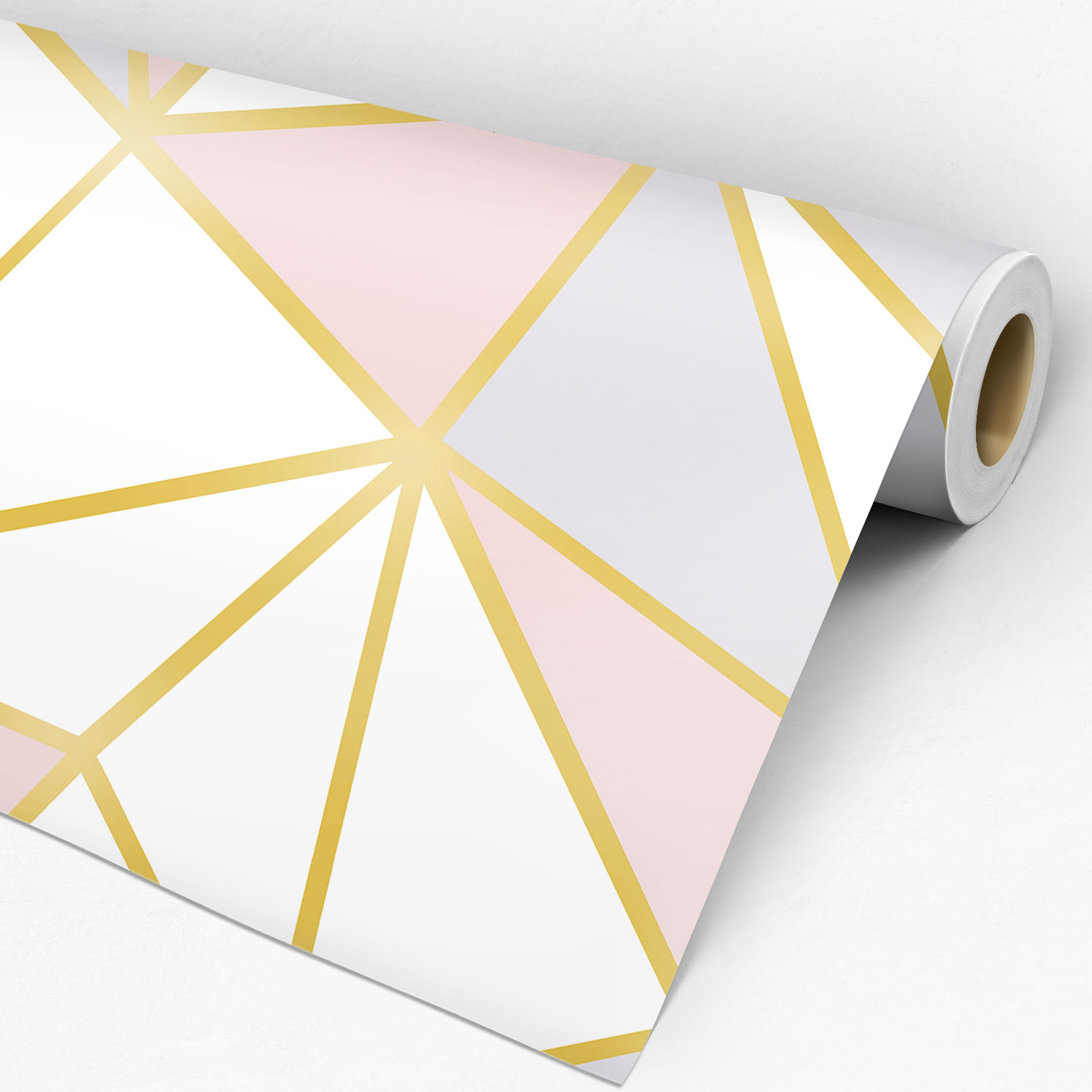 Papel de Parede Adesivo Geométrico Triângulos Zara Rosa, Lilás e Dourado