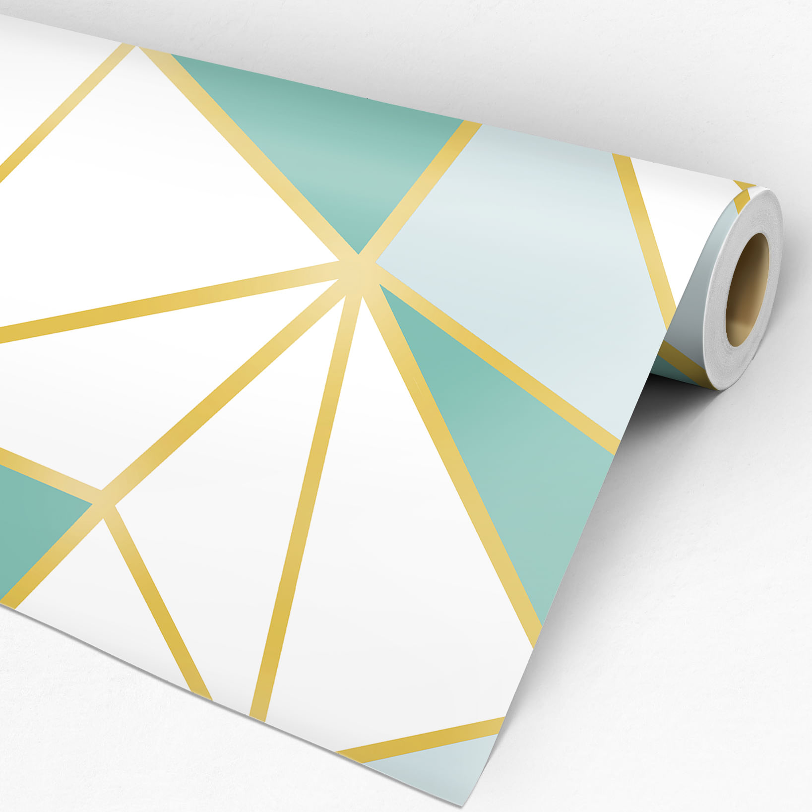Papel de Parede Adesivo Geométrico Triângulos Zara Verde e Dourado